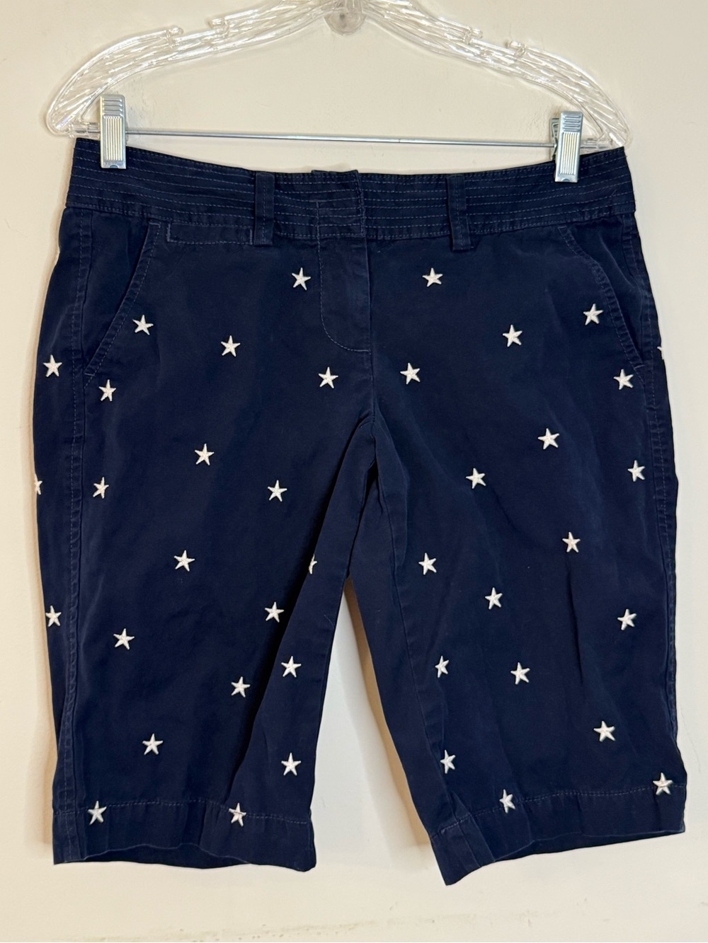 J. Crew navy blue chino shorts white embroidered stars SZ 4